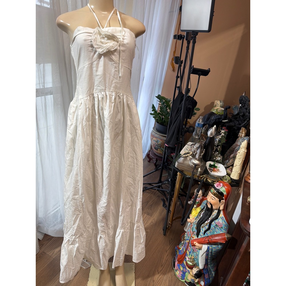 Fashion Nova White Rosette Halter Midi Dress Smocked Back Ruffle Hem Boho